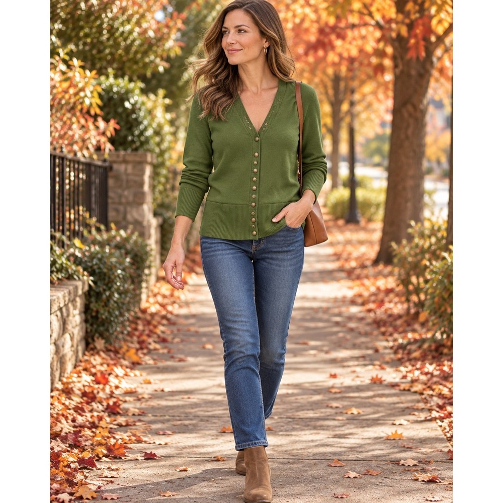 Traleubie, Women L, Olive Green Long Sleeve Snap Buttons Knit Cardigan
